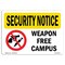 Signmission OSHA Security Sign, 7" Height, 10" Width, Rigid Plastic, Weapon Free Campus, Landscape OS-SN-P-710-L-11683 - alternate 1